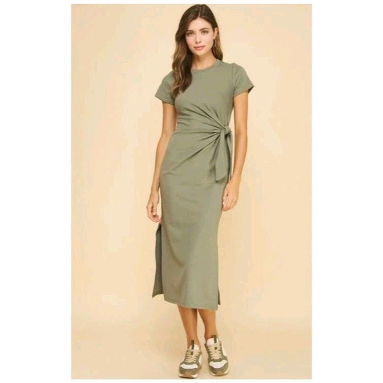 Nation Ltd Lavi Dress Tie Front Maxi Faux Wrap Sage Green Cotton Casual Size L